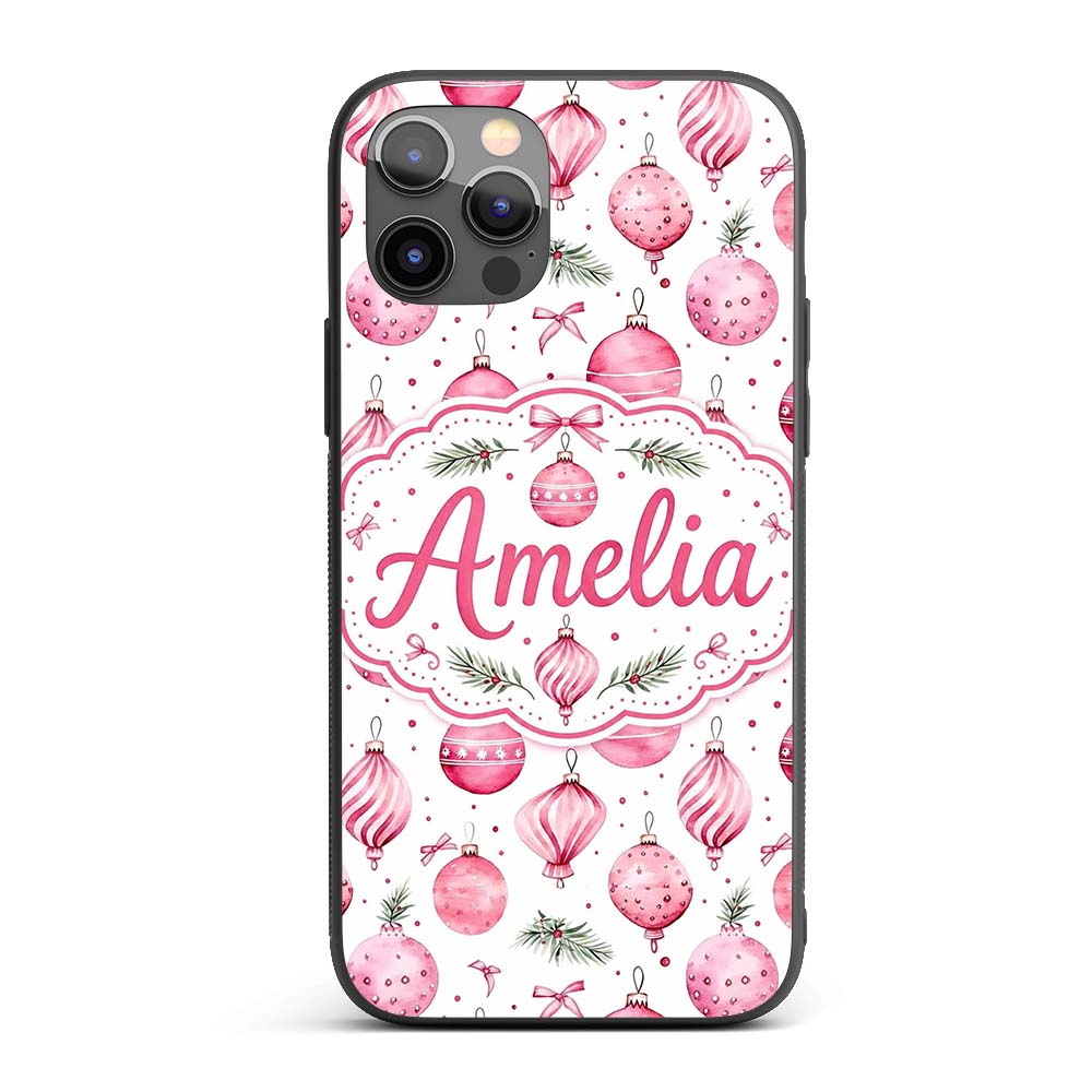 Watercolor Pink Christmas Bauble Pine Branch Custom Name Protective Phone Case Mobile Cover Durable Everyday Smartphone Shock Resistant