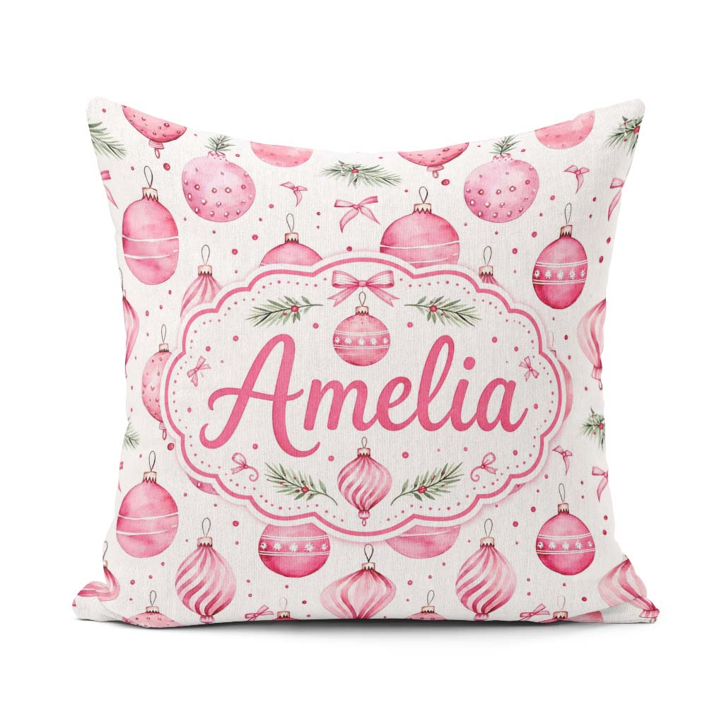 Custom Name Watercolor Pink Christmas Bauble Pine Branch Pattern Square Filled Cushion Throw Pillow Sofa Bed Home Decor Zip Washable UK Made