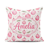Custom Name Watercolor Pink Christmas Bauble Pine Branch Pattern Square Filled Cushion Throw Pillow Sofa Bed Home Decor Zip Washable UK Made