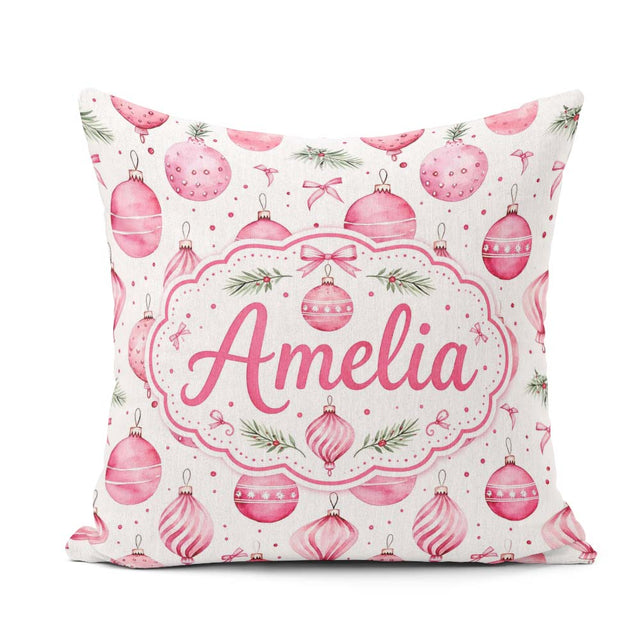 Custom Name Watercolor Pink Christmas Bauble Pine Branch Pattern Square Filled Cushion Throw Pillow Sofa Bed Home Decor Zip Washable UK Made