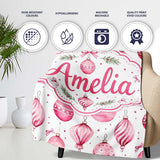 Watercolor Pink Christmas Bauble Pine Branch Seamless Pattern Lovely  Personalised Custom Name Super Soft Fleece Blanket Bed Sofa Throw