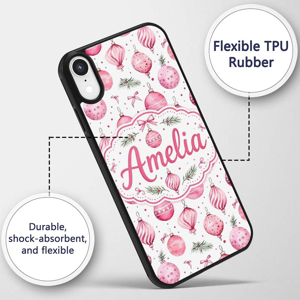 Watercolor Pink Christmas Bauble Pine Branch Custom Name Protective Phone Case Mobile Cover Durable Everyday Smartphone Shock Resistant