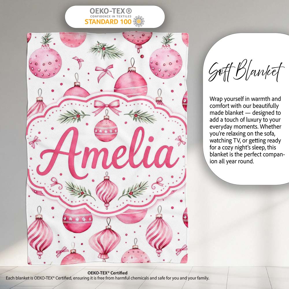 Watercolor Pink Christmas Bauble Pine Branch Seamless Pattern Lovely  Personalised Custom Name Super Soft Fleece Blanket Bed Sofa Throw