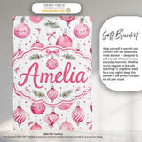 Watercolor Pink Christmas Bauble Pine Branch Seamless Pattern Lovely  Personalised Custom Name Super Soft Fleece Blanket Bed Sofa Throw