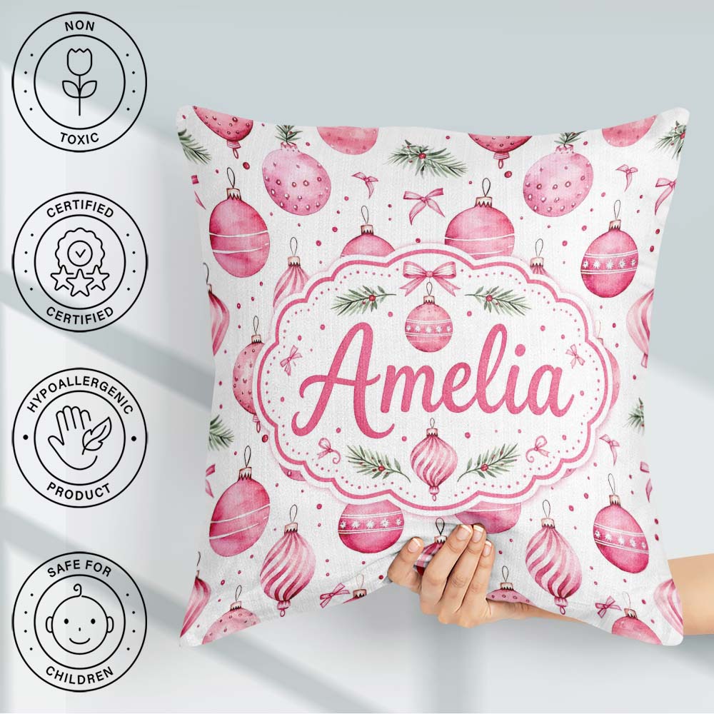 Custom Name Watercolor Pink Christmas Bauble Pine Branch Pattern Square Filled Cushion Throw Pillow Sofa Bed Home Decor Zip Washable UK Made