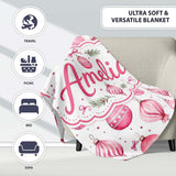Watercolor Pink Christmas Bauble Pine Branch Seamless Pattern Lovely  Personalised Custom Name Super Soft Fleece Blanket Bed Sofa Throw