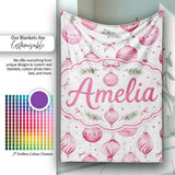 Watercolor Pink Christmas Bauble Pine Branch Seamless Pattern Lovely  Personalised Custom Name Super Soft Fleece Blanket Bed Sofa Throw