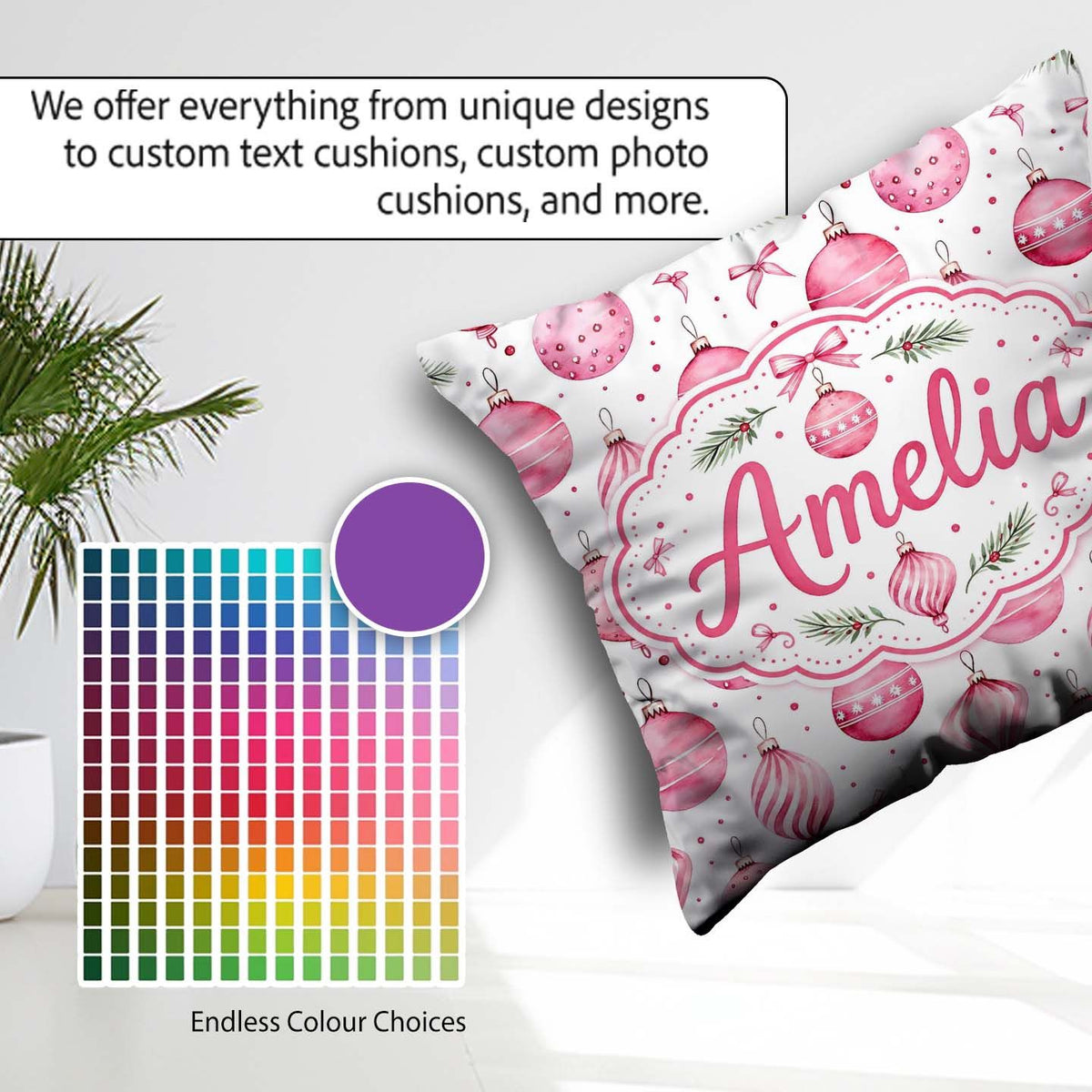 Custom Name Watercolor Pink Christmas Bauble Pine Branch Pattern Square Filled Cushion Throw Pillow Sofa Bed Home Decor Zip Washable UK Made