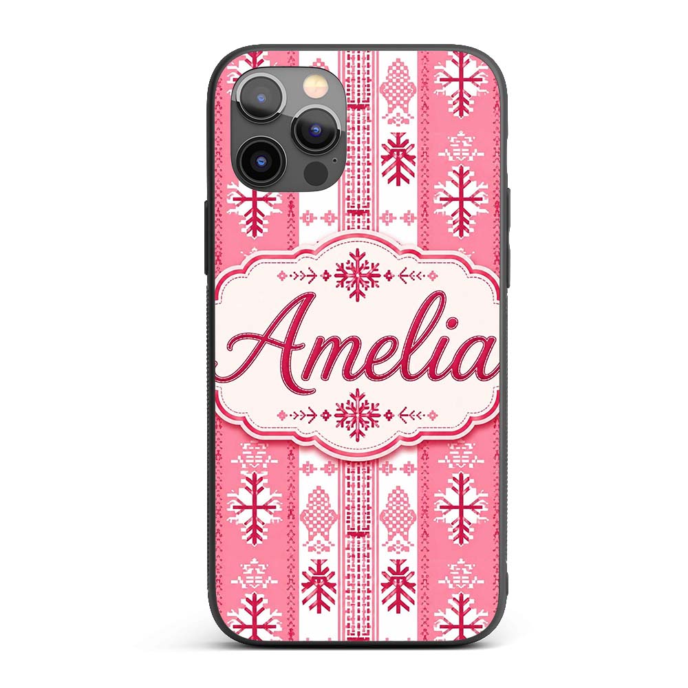 Scandinavian Pink Red Snowflake Nordic Seamless Custom Name Protective Phone Case Mobile Cover Durable Everyday Smartphone Shock Resistant