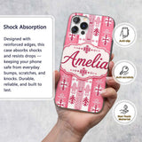 Scandinavian Pink Red Snowflake Nordic Seamless Custom Name Protective Phone Case Mobile Cover Durable Everyday Smartphone Shock Resistant