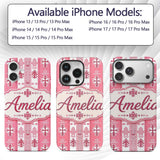 Scandinavian Pink Red Snowflake Nordic Seamless Custom Name Protective Phone Case Mobile Cover Durable Everyday Smartphone Shock Resistant