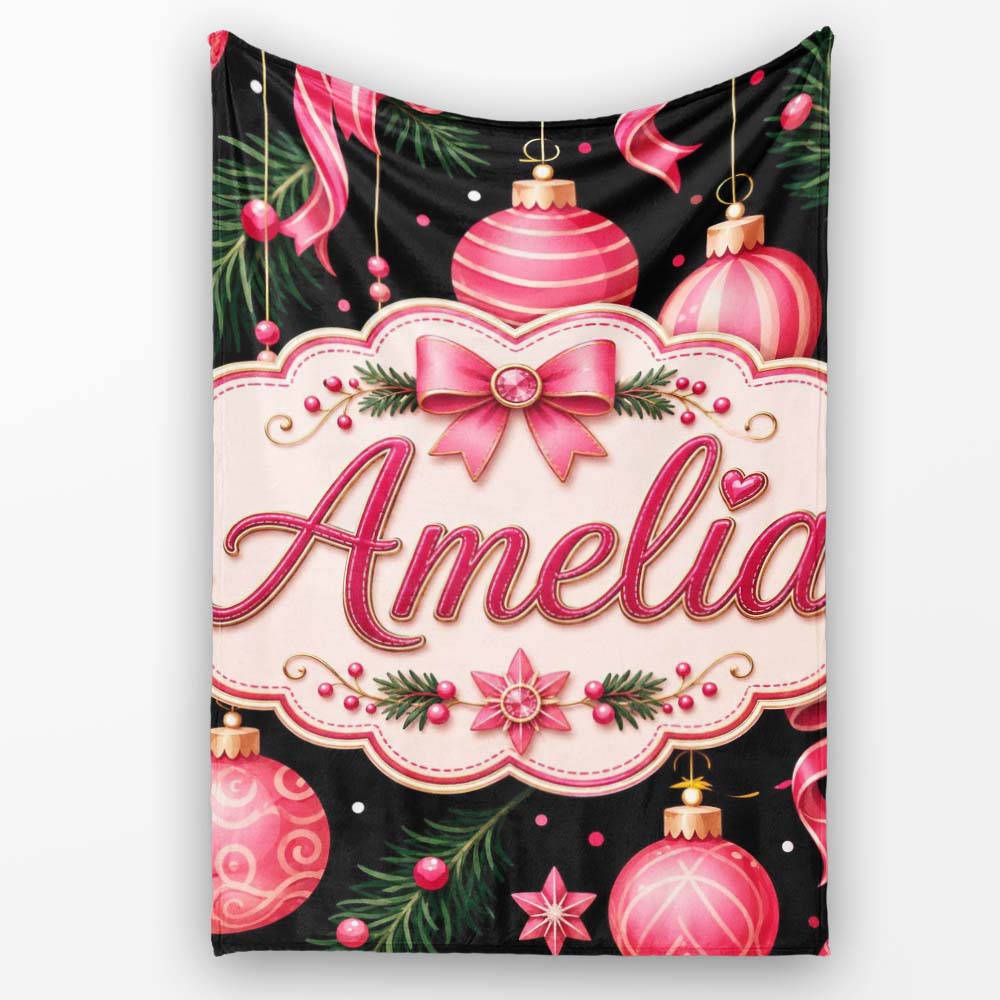 Elegant Pink Christmas Ornament Ribbon Dark Seamless Pattern Lovely  Personalised Custom Name Super Soft Fleece Blanket Bed Sofa Throw
