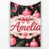 Elegant Pink Christmas Ornament Ribbon Dark Seamless Pattern Lovely  Personalised Custom Name Super Soft Fleece Blanket Bed Sofa Throw