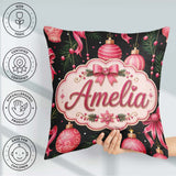Custom Name Elegant Pink Christmas Ornament Ribbon Dark Seamless Square Filled Cushion Throw Pillow Sofa Bed Home Decor Zip Washable UK Made