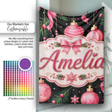 Elegant Pink Christmas Ornament Ribbon Dark Seamless Pattern Lovely  Personalised Custom Name Super Soft Fleece Blanket Bed Sofa Throw