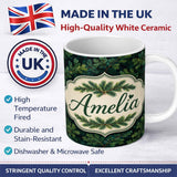 Personalized Custom Name Vintage Pine Tree Repeat Pattern on Beige Background Lovely 11oz Ceramic Coffee Tea Mug White Large Handle