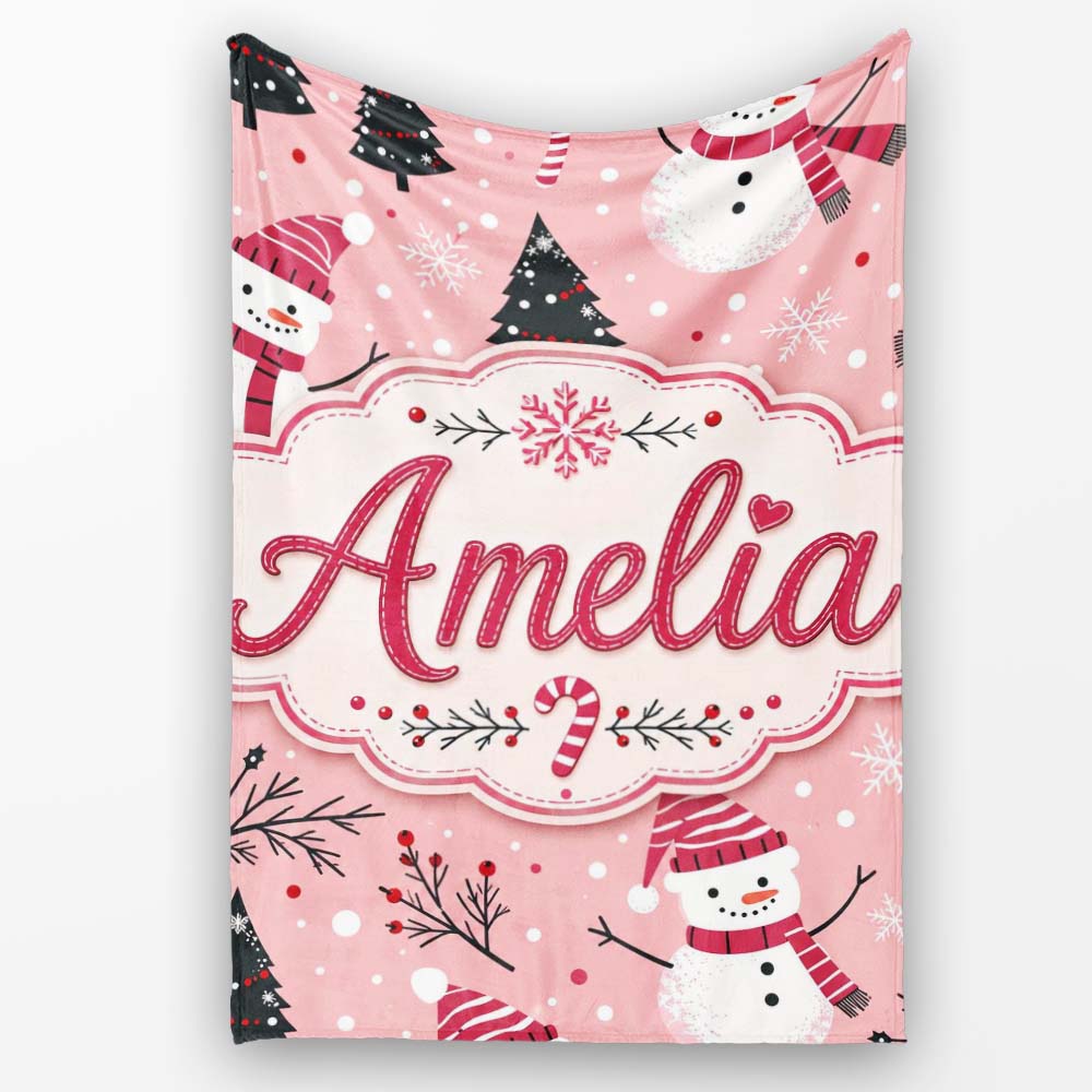 Cute Snowman Candy Cane Christmas Tree Seamless Pattern Lovely  Personalised Custom Name Super Soft Fleece Blanket Bed Sofa Throw