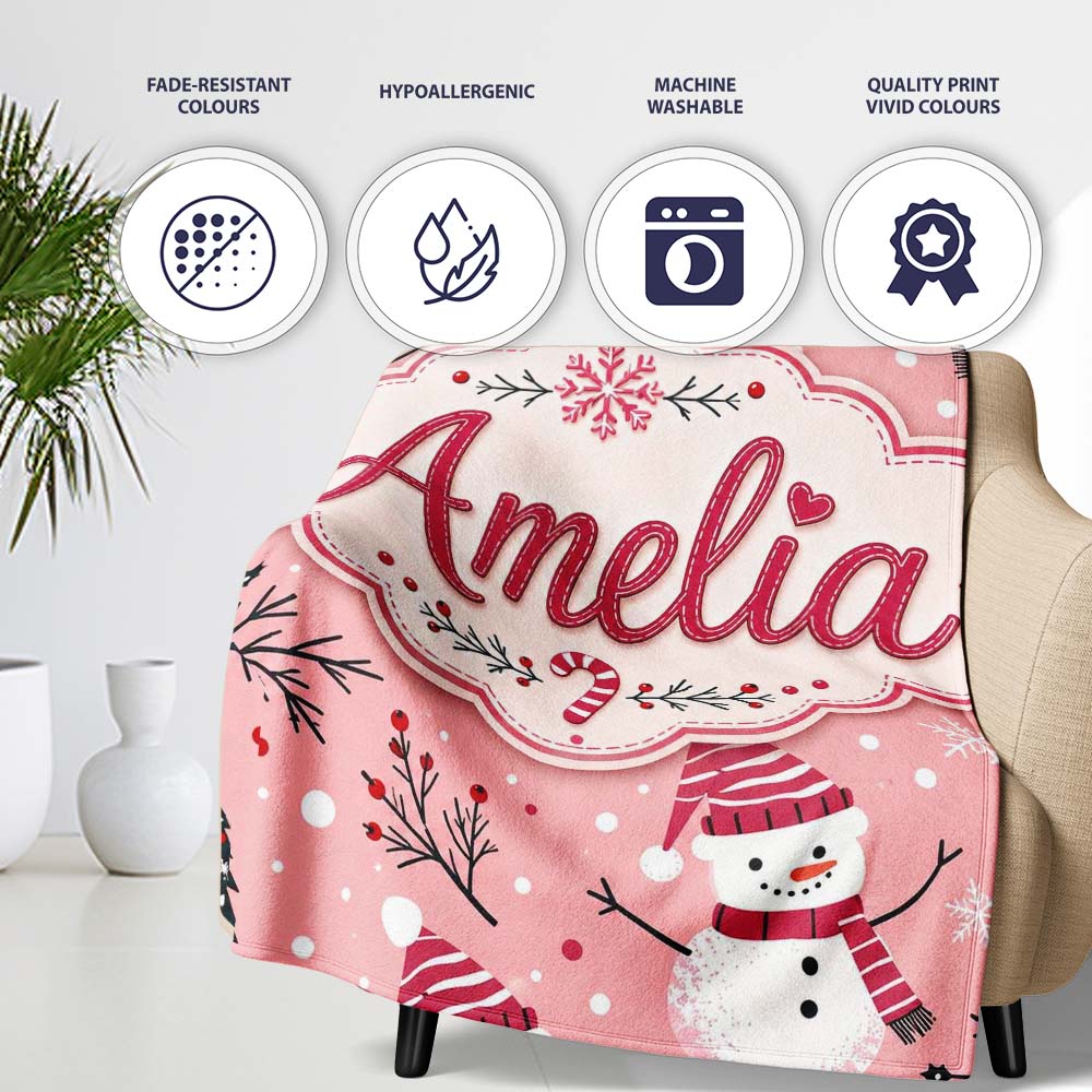Cute Snowman Candy Cane Christmas Tree Seamless Pattern Lovely  Personalised Custom Name Super Soft Fleece Blanket Bed Sofa Throw