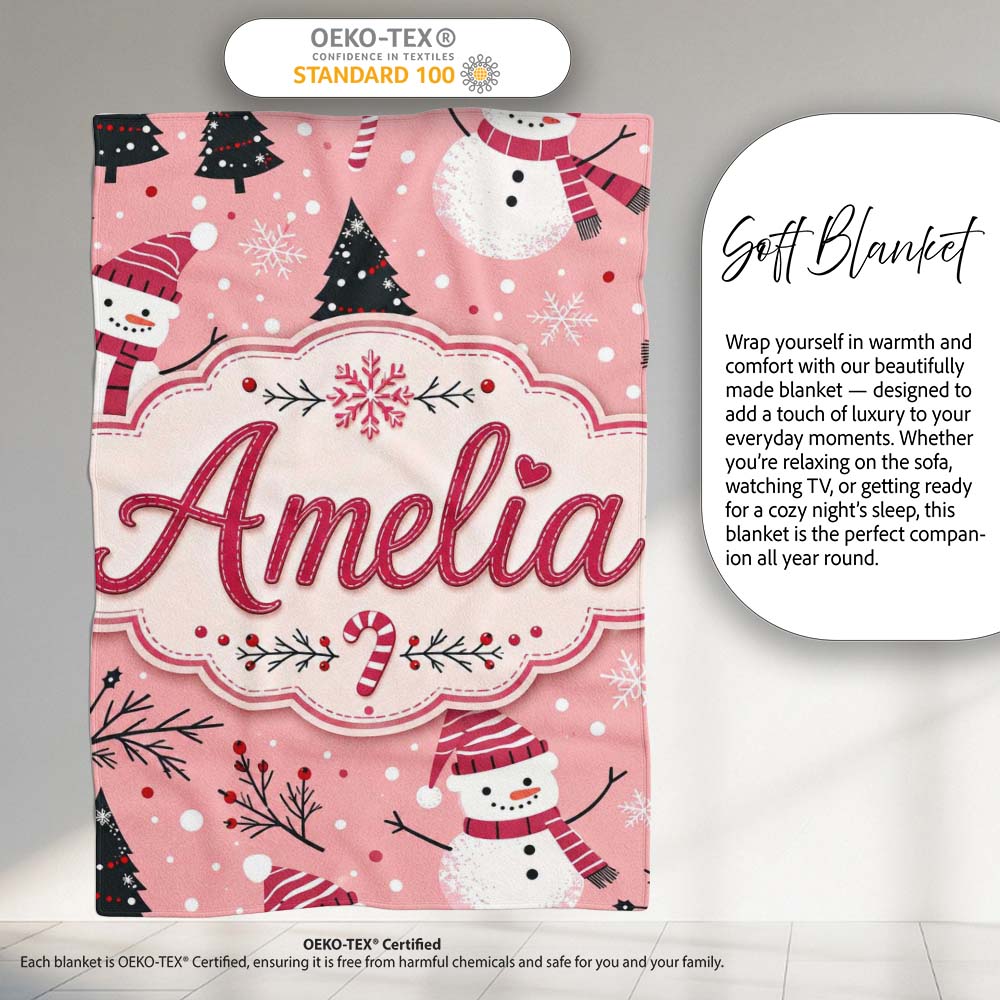 Cute Snowman Candy Cane Christmas Tree Seamless Pattern Lovely  Personalised Custom Name Super Soft Fleece Blanket Bed Sofa Throw