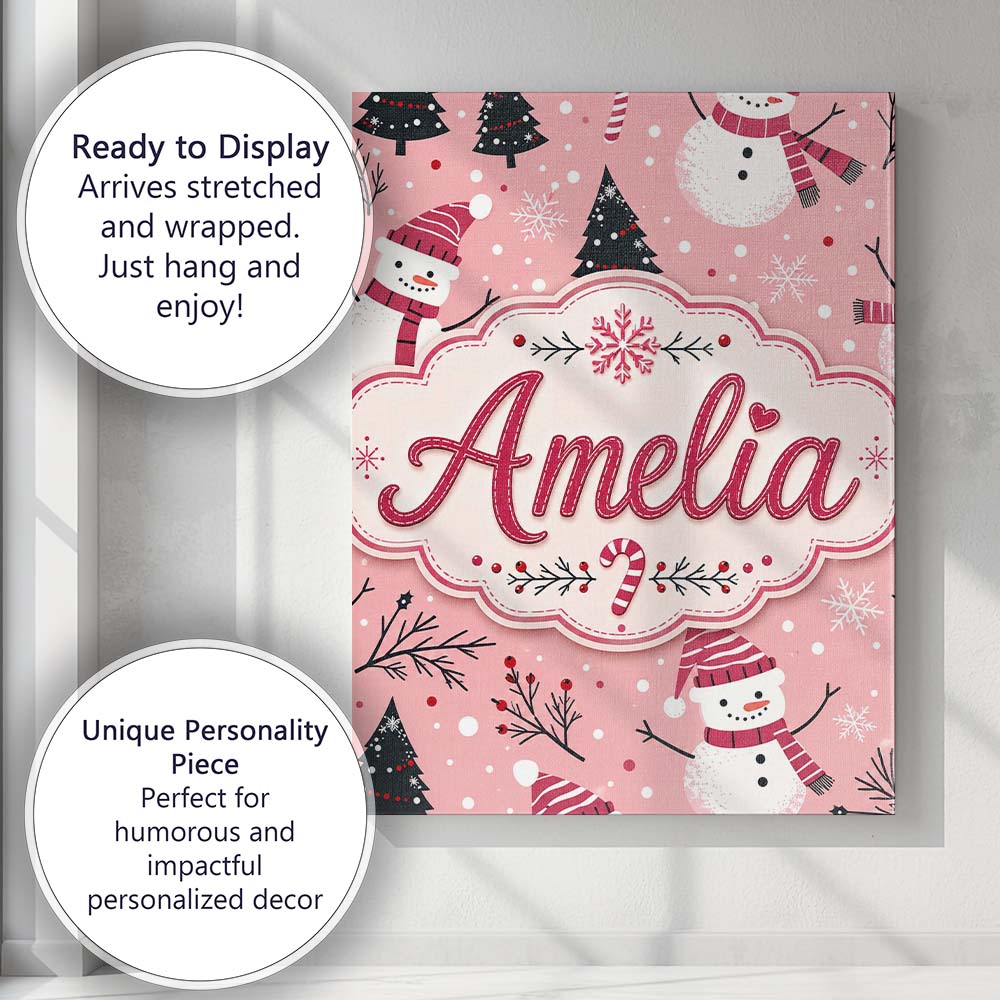 Personalised Name Cute Snowman Candy Cane Custom  Unique Gift Idea Elegant Feature Canvas Wall Art Print Decor Picture Ready to Hang