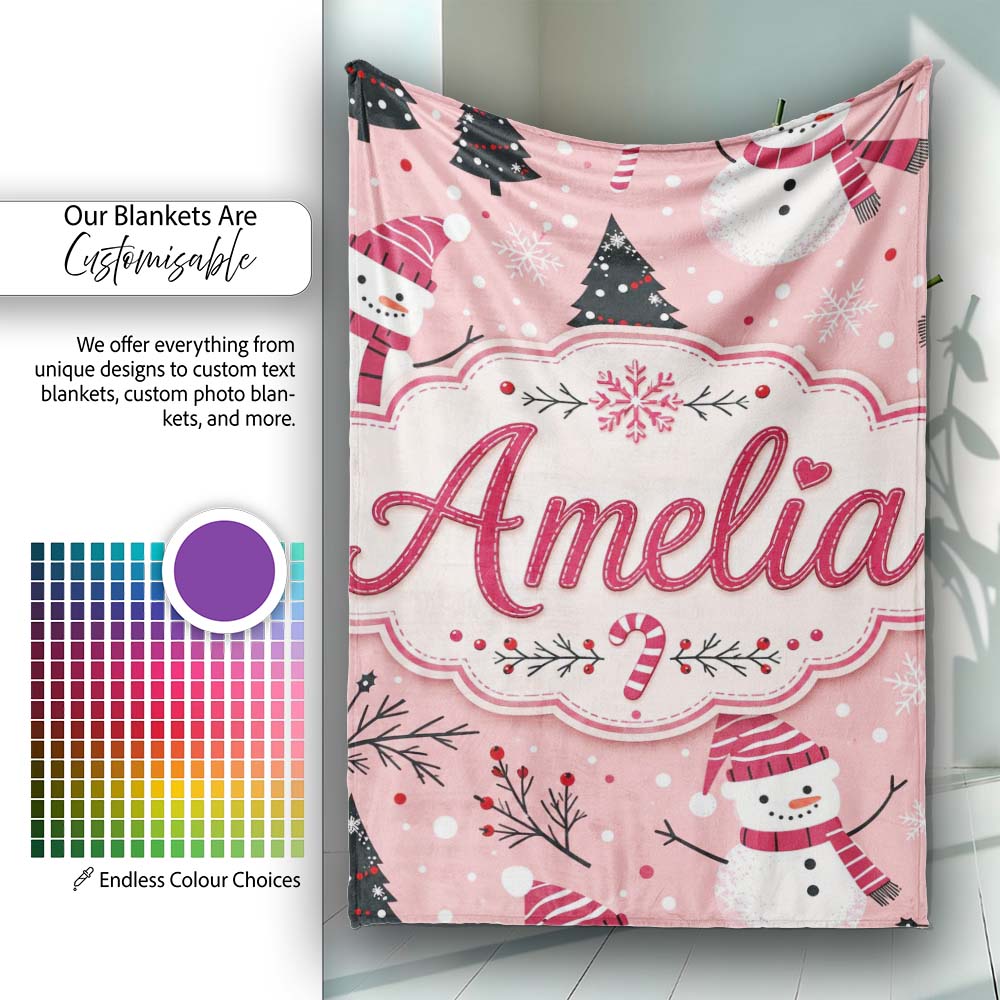 Cute Snowman Candy Cane Christmas Tree Seamless Pattern Lovely  Personalised Custom Name Super Soft Fleece Blanket Bed Sofa Throw