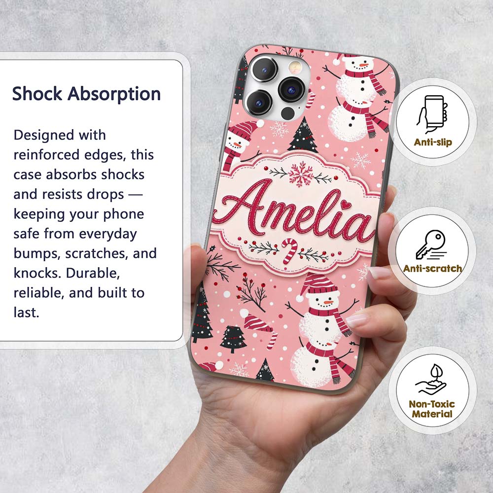 Cute Snowman Candy Cane Christmas Tree Seamless Custom Name Protective Phone Case Mobile Cover Durable Everyday Smartphone Shock Resistant
