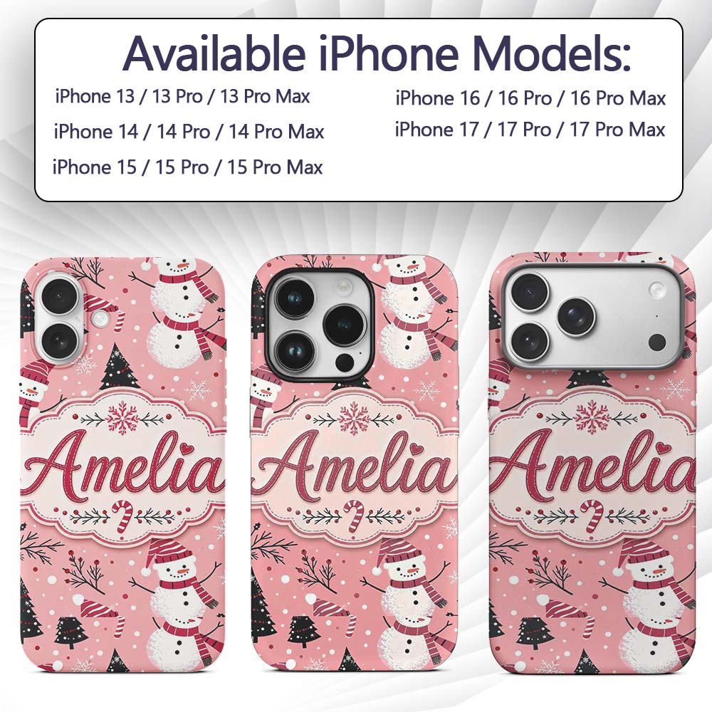 Cute Snowman Candy Cane Christmas Tree Seamless Custom Name Protective Phone Case Mobile Cover Durable Everyday Smartphone Shock Resistant