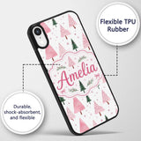 Minimal Pink Green Christmas Tree Snow Seamless Custom Name Protective Phone Case Mobile Cover Durable Everyday Smartphone Shock Resistant
