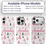 Minimal Pink Green Christmas Tree Snow Seamless Custom Name Protective Phone Case Mobile Cover Durable Everyday Smartphone Shock Resistant