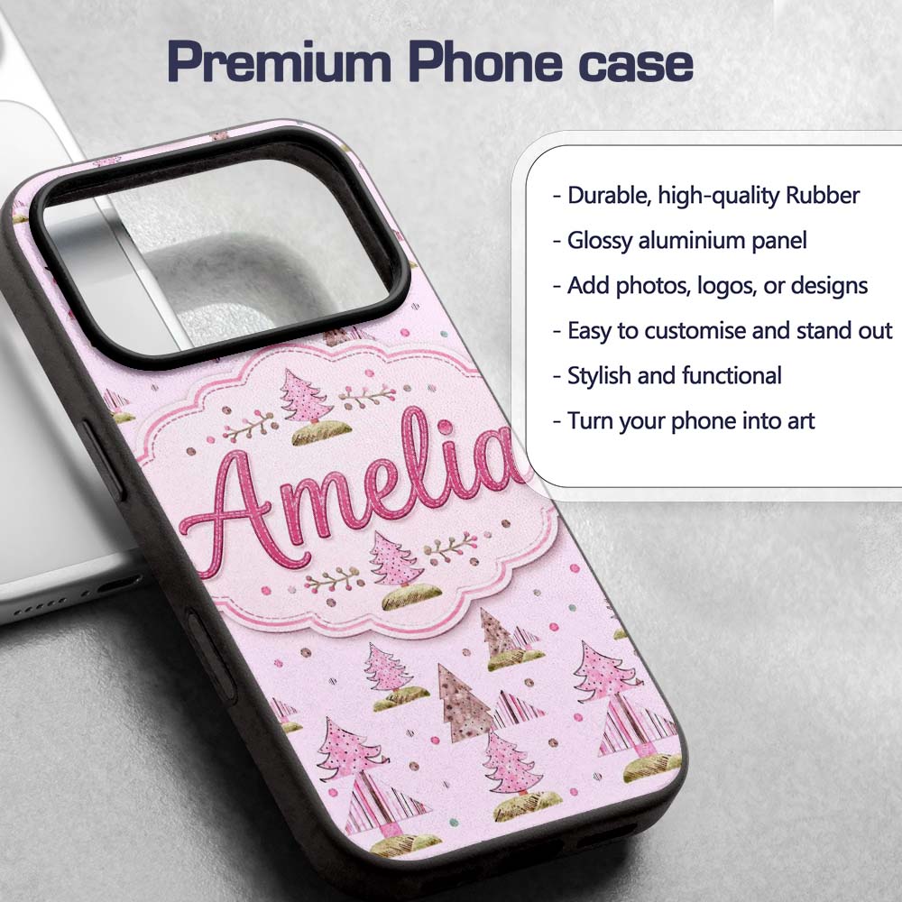 Watercolor Pink Winter Forest Tree Hill Seamless Custom Name Protective Phone Case Mobile Cover Durable Everyday Smartphone Shock Resistant