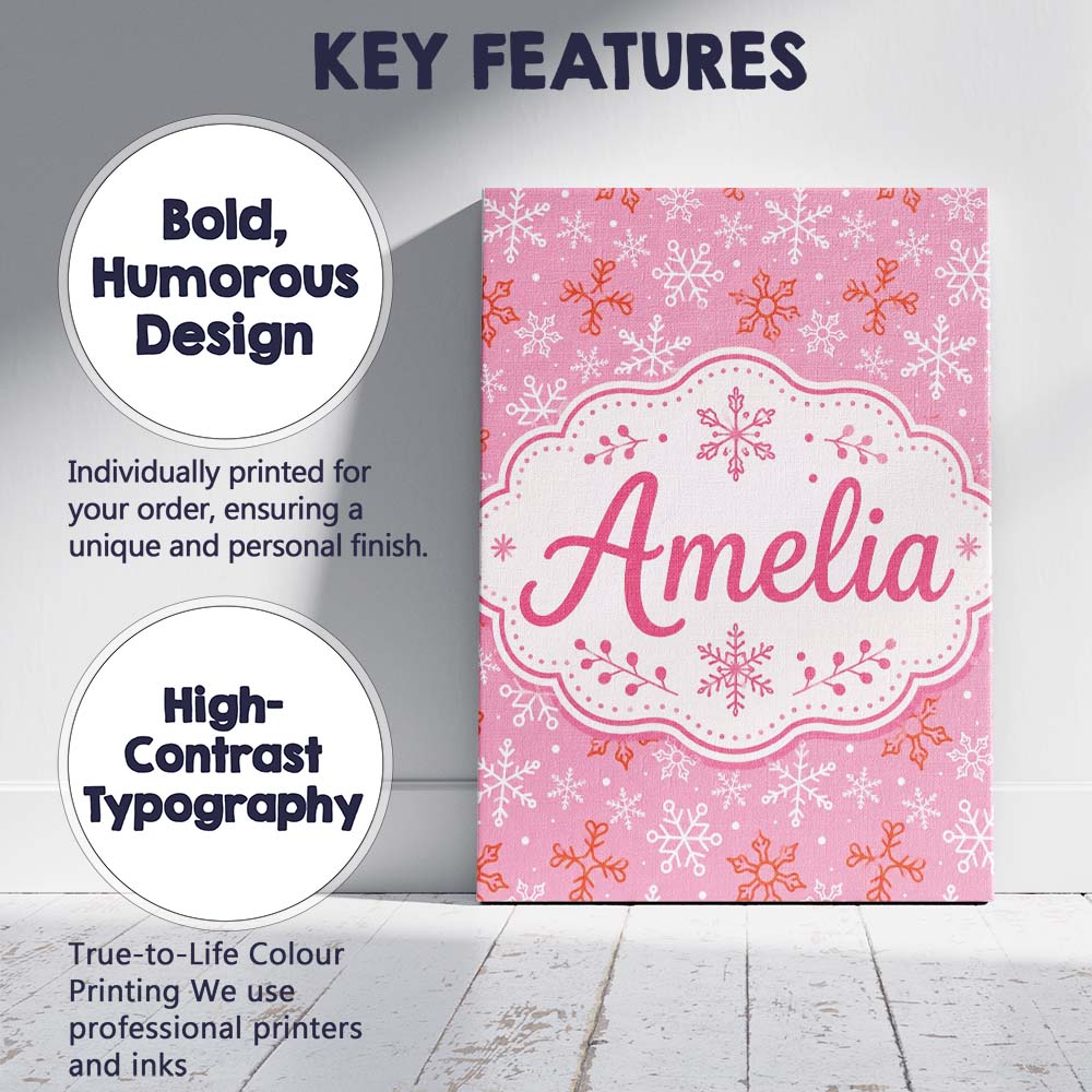 Personalised Name Pink Red Snowflake Winter Custom  Bespoke Interior Contemporary Canvas Wall Art Print Decor Picture Ready to Hang