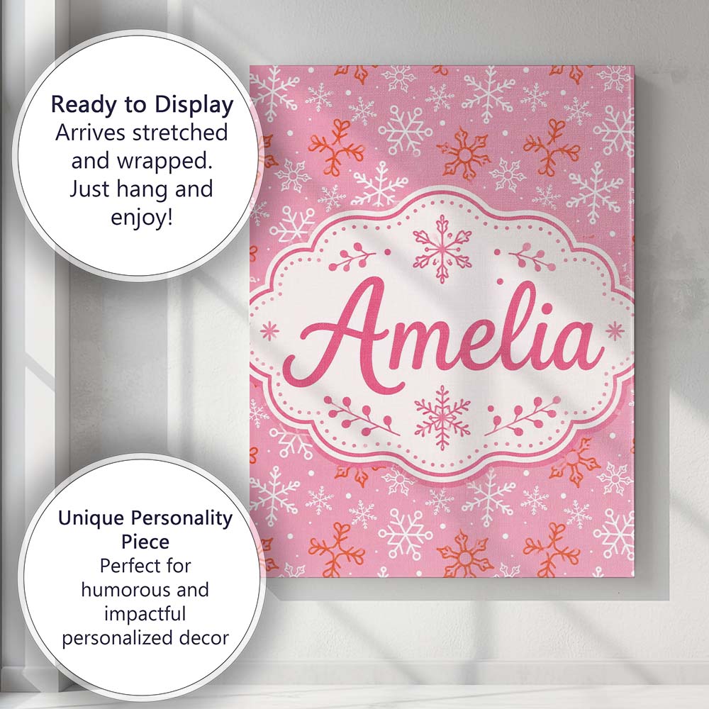 Personalised Name Pink Red Snowflake Winter Custom  Bespoke Interior Contemporary Canvas Wall Art Print Decor Picture Ready to Hang