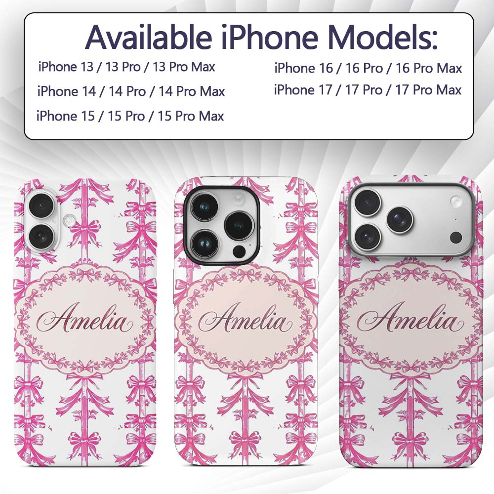 Elegant Pink Ribbon Bow Vertical Stripe Seamless Custom Name Protective Phone Case Mobile Cover Durable Everyday Smartphone Shock Resistant