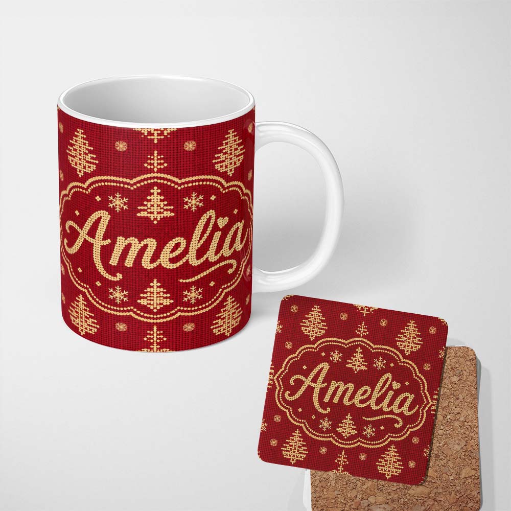 Personalized Custom Name Festive Red Gold Christmas Tree Snowflake Knit Seamless Pattern 11oz Ceramic Coffee Tea Mug White Large Handle
