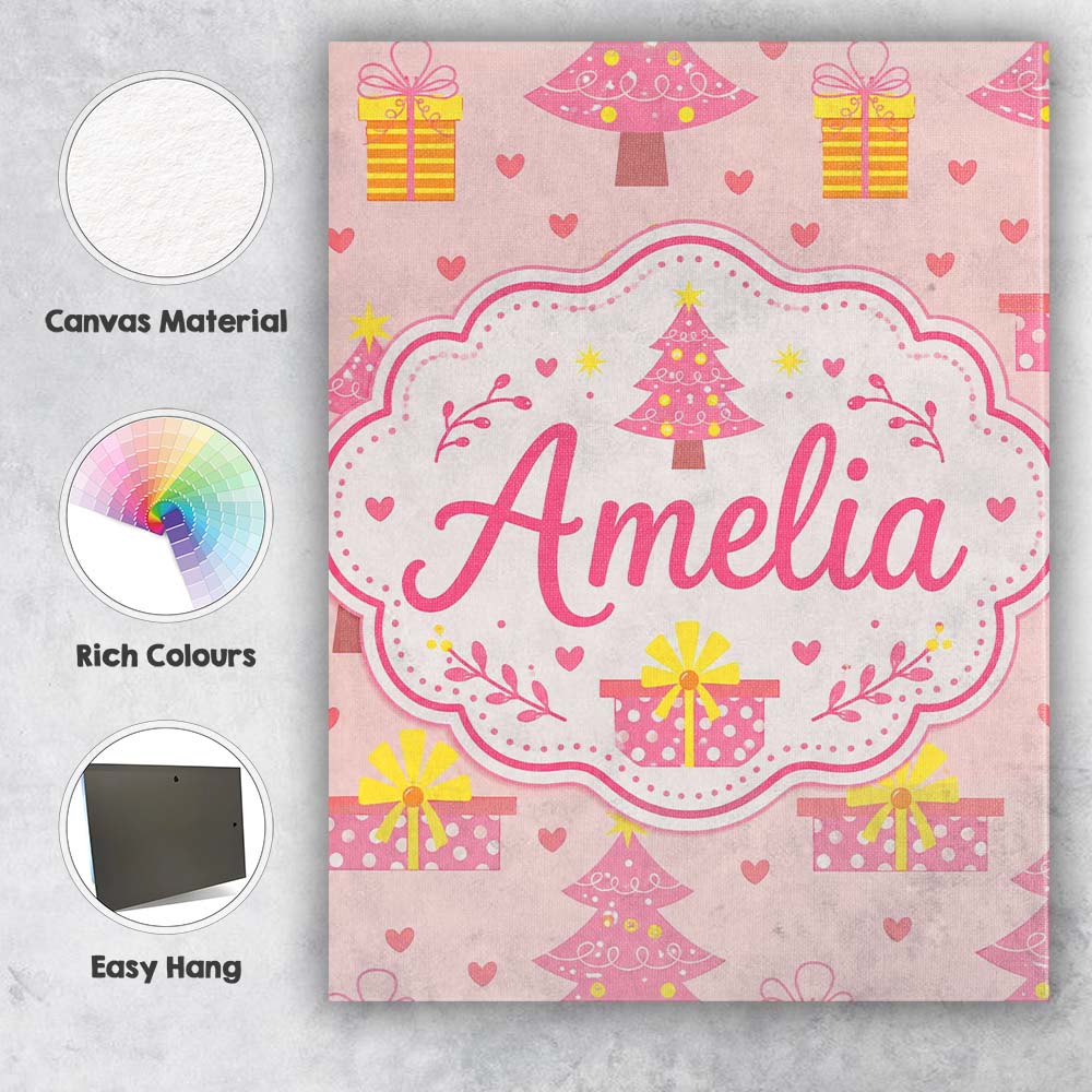 Personalised Name Cute Pink Christmas Tree Custom  Unique Gift Idea Elegant Feature Canvas Wall Art Print Decor Picture Ready to Hang
