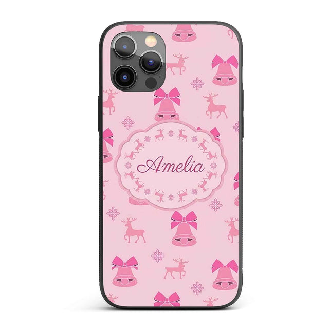 Minimal Pink Bell Bow Reindeer Winter Seamless Custom Name Protective Phone Case Mobile Cover Durable Everyday Smartphone Shock Resistant