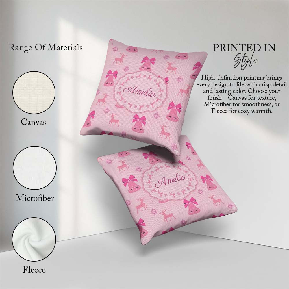 Custom Name Minimal Pink Bell Bow Reindeer Winter Pattern Lovely Square Filled Cushion Throw Pillow Sofa Bed Home Decor Zip Washable UK Made