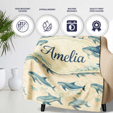 Vintage Blue Whale Seamless Pattern Beige Ocean Animal Design Lovely  Personalised Custom Name Super Soft Fleece Blanket Bed Sofa Throw