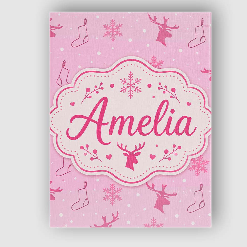 Personalised Name Pink Reindeer Snowflake Custom  Unique Gift Idea Elegant Feature Canvas Wall Art Print Decor Picture Ready to Hang