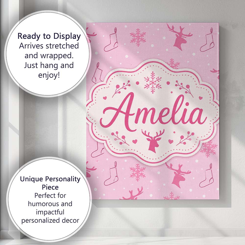 Personalised Name Pink Reindeer Snowflake Custom  Unique Gift Idea Elegant Feature Canvas Wall Art Print Decor Picture Ready to Hang
