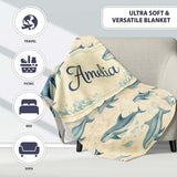 Vintage Blue Whale Seamless Pattern Beige Ocean Animal Design Lovely  Personalised Custom Name Super Soft Fleece Blanket Bed Sofa Throw