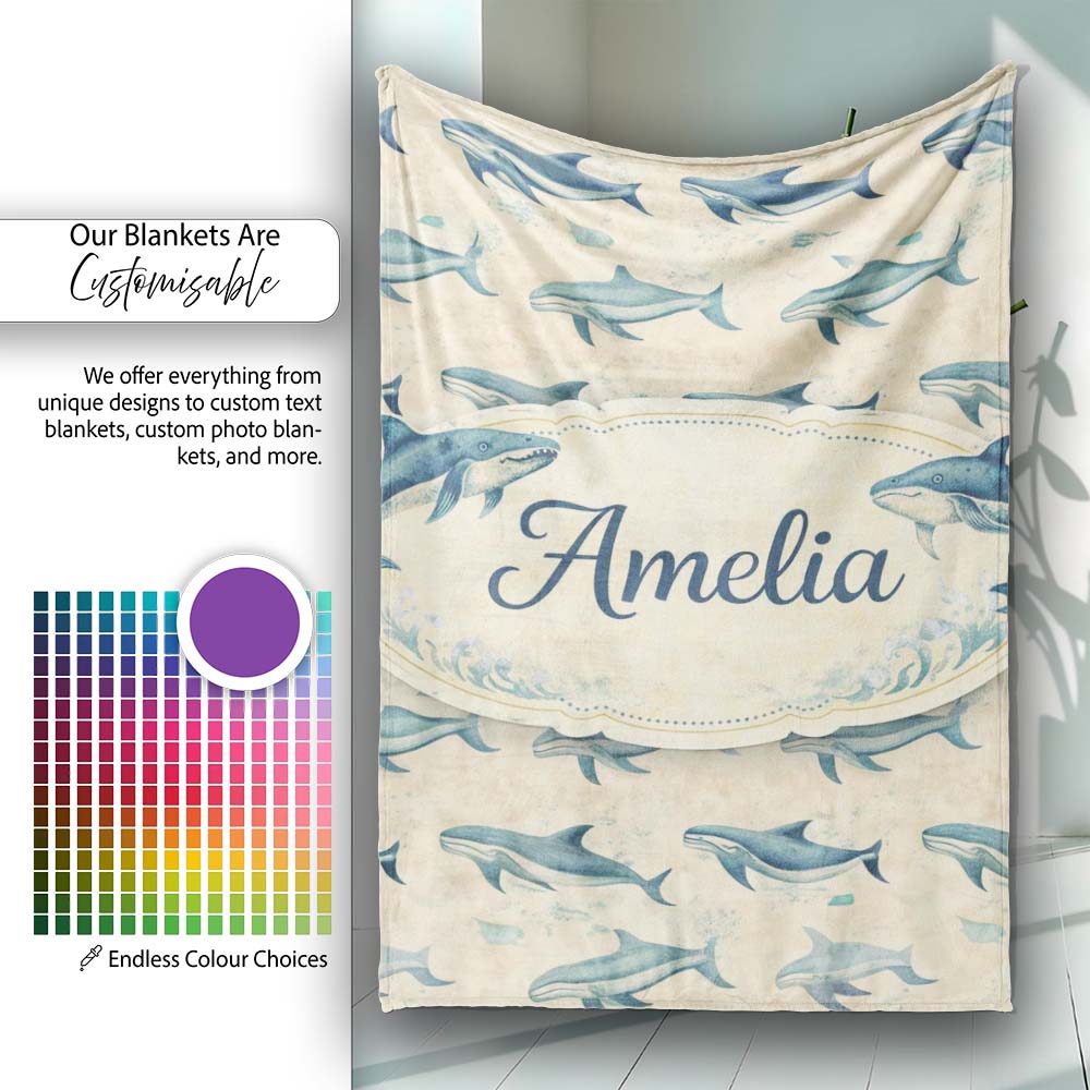 Vintage Blue Whale Seamless Pattern Beige Ocean Animal Design Lovely  Personalised Custom Name Super Soft Fleece Blanket Bed Sofa Throw