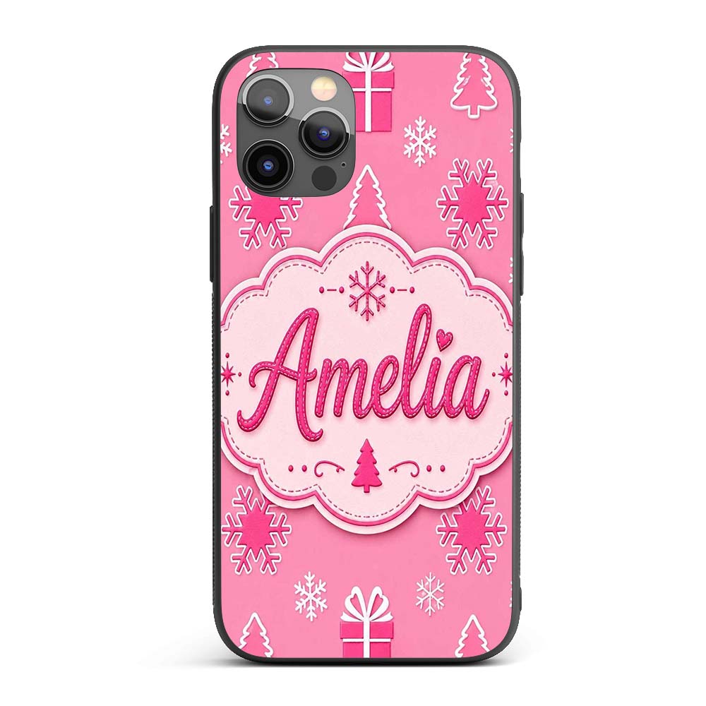 Pink Snowflake Gift Tree Minimal Printed Design Custom Name Protective Phone Case Mobile Cover Durable Everyday Smartphone Shock Resistant