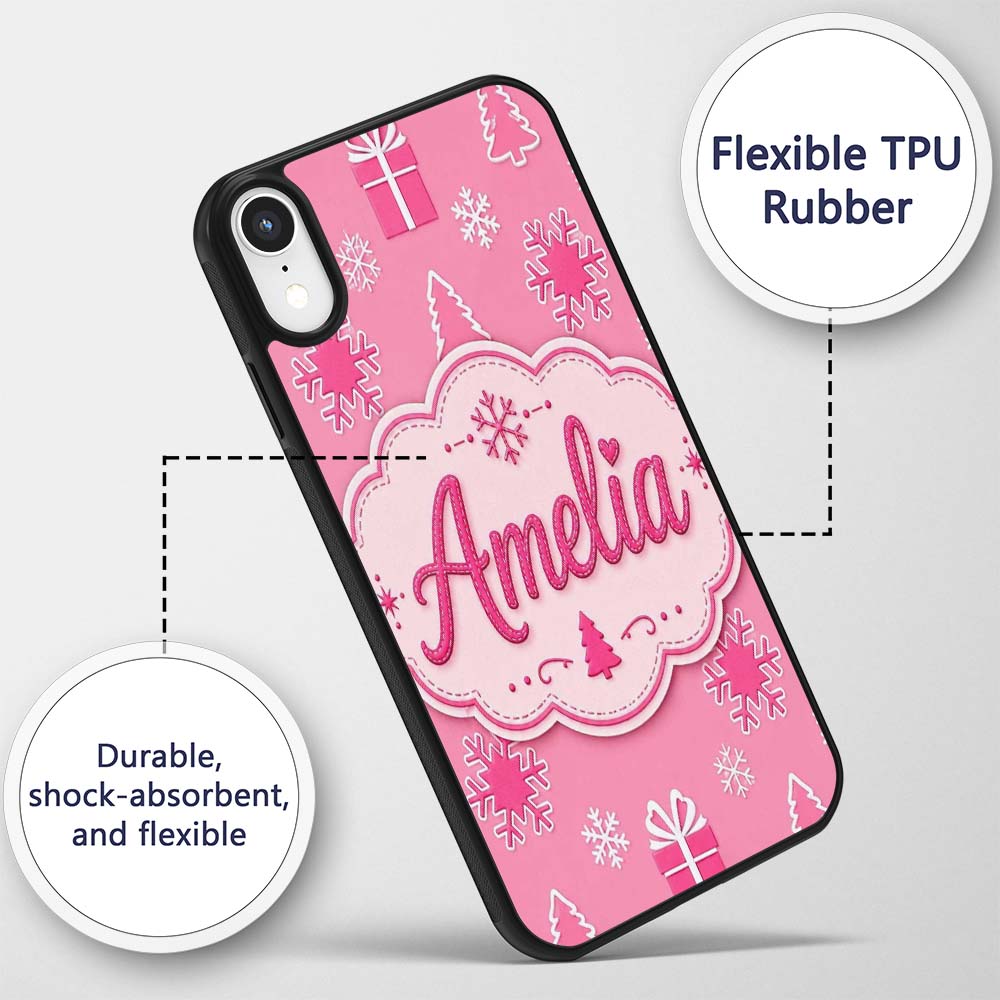 Pink Snowflake Gift Tree Minimal Printed Design Custom Name Protective Phone Case Mobile Cover Durable Everyday Smartphone Shock Resistant