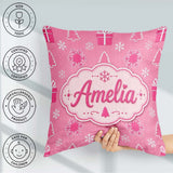 Custom Name Pink Snowflake Tree Minimal Christmas Pattern Lovely Square Filled Cushion Throw Pillow Sofa Bed Home Decor Zip Washable UK Made