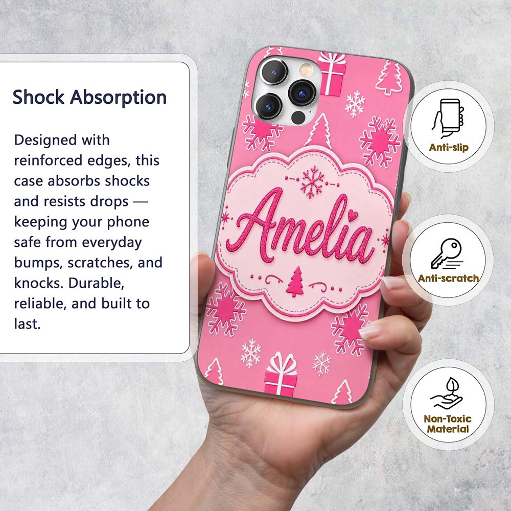 Pink Snowflake Gift Tree Minimal Printed Design Custom Name Protective Phone Case Mobile Cover Durable Everyday Smartphone Shock Resistant