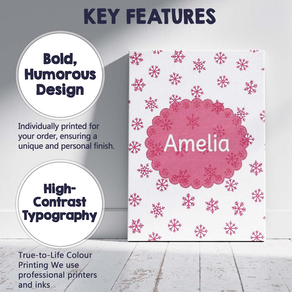 Personalised Name Simple Pink Snowflake Custom  Modern Room Accent Elegant Feature Canvas Wall Art Print Decor Picture Ready to Hang