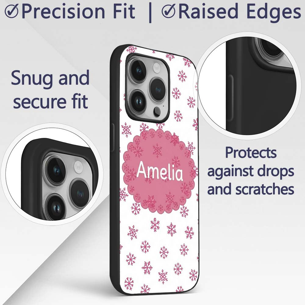 Simple Pink Snowflake Polka Dot Winter Seamless Custom Name Protective Phone Case Mobile Cover Durable Everyday Smartphone Shock Resistant