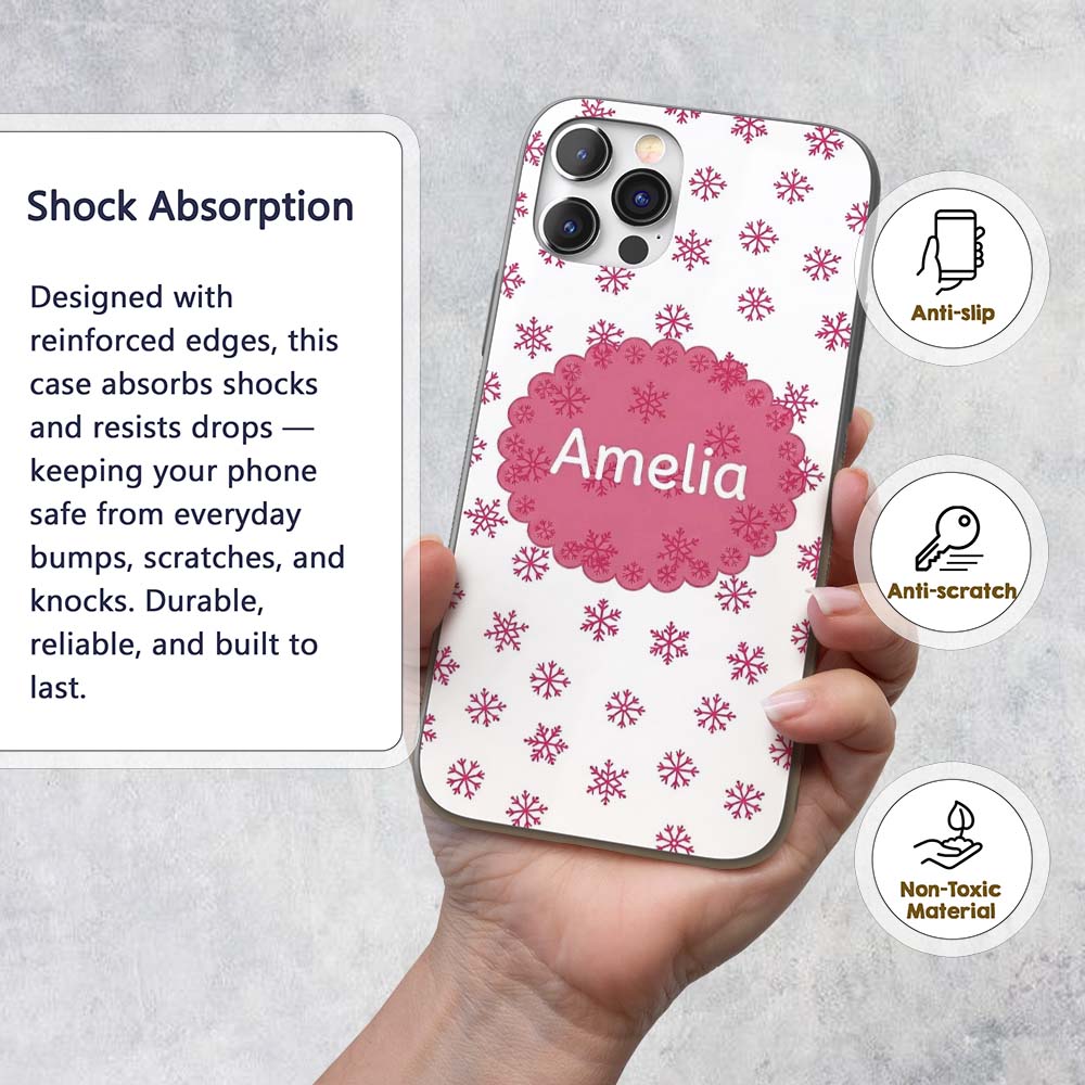 Simple Pink Snowflake Polka Dot Winter Seamless Custom Name Protective Phone Case Mobile Cover Durable Everyday Smartphone Shock Resistant