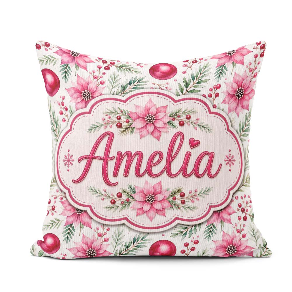 Custom Name Watercolor Poinsettia Berry Pine Christmas Seamless Square Filled Cushion Throw Pillow Sofa Bed Home Decor Zip Washable UK Made